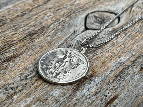 Shiny Sterling Silver St Michael the Archangel & Guardian Angel Medal Pendant on Necklace, Antique Replica of Rare Two-Sided Medallion, M3