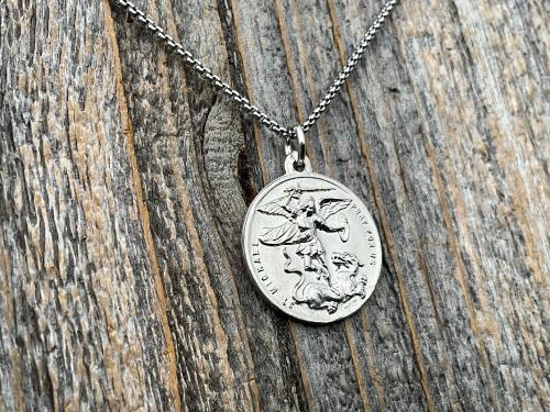 Shiny Sterling Silver St Michael the Archangel & Guardian Angel Medal Pendant on Necklace, Antique Replica of Rare Two-Sided Medallion, M3