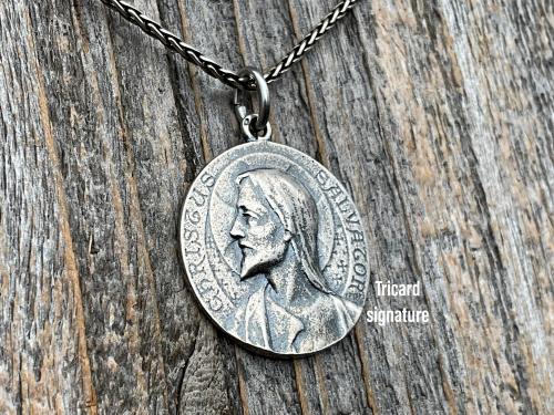 Sterling Silver Jesus Christ Medallion Pendant, French Antique Replica, Signed by Louis Tricard, Latin Christus Salvator - Christ the Savior