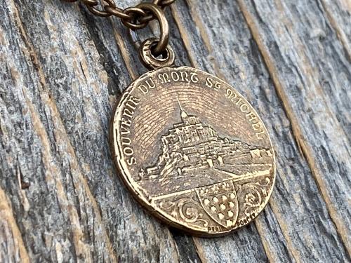 Bronze St Michael Medallion Necklace, Antique Replica French Saint Michael the Archangel Pendant, Souvenir of Mont St Michel France by Penin