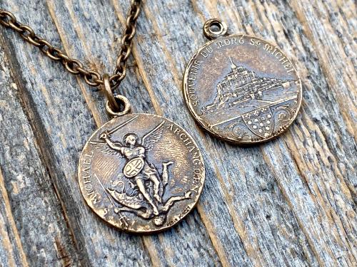 Bronze St Michael Medallion Necklace, Antique Replica French Saint Michael the Archangel Pendant, Souvenir of Mont St Michel France by Penin