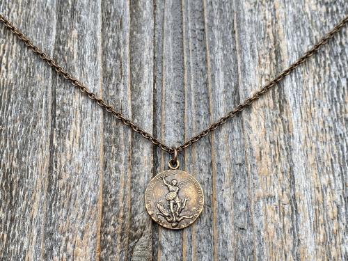 Bronze St Michael Medallion Necklace, Antique Replica French Saint Michael the Archangel Pendant, Souvenir of Mont St Michel France by Penin