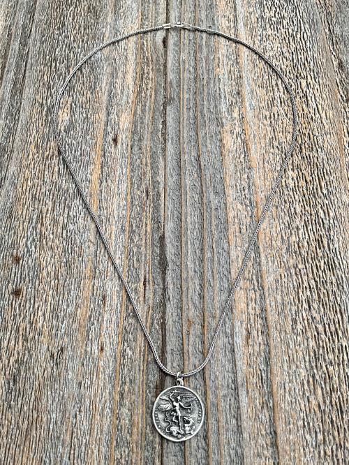 Sterling Silver St Michael the Archangel & GuardianAngel Medal Pendant on Necklace, Antique Replica Rare Two-Sided Protection Medallion, M3