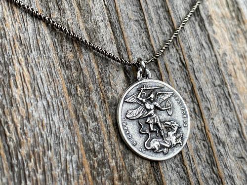 Sterling Silver St Michael the Archangel & GuardianAngel Medal Pendant on Necklace, Antique Replica Rare Two-Sided Protection Medallion, M3