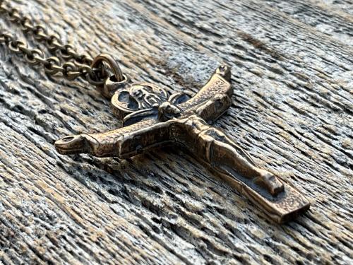 Bronze Trinity Crucifix Pendant and Necklace, Antique Replica, Father Son and Holy Spirit Medal, 3-in-1 Crucifix, Latin: A HERI HODIE SEMPER