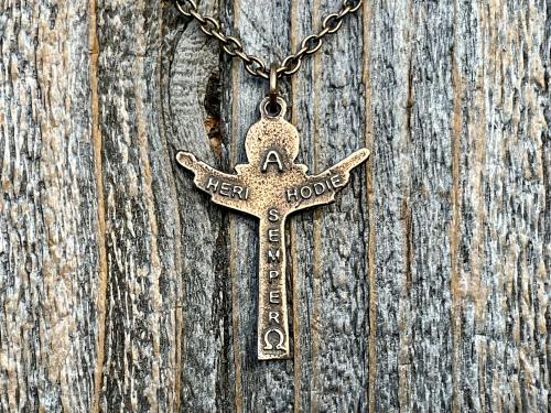 Bronze Trinity Crucifix Pendant and Necklace, Antique Replica, Father Son and Holy Spirit Medal, 3-in-1 Crucifix, Latin: A HERI HODIE SEMPER