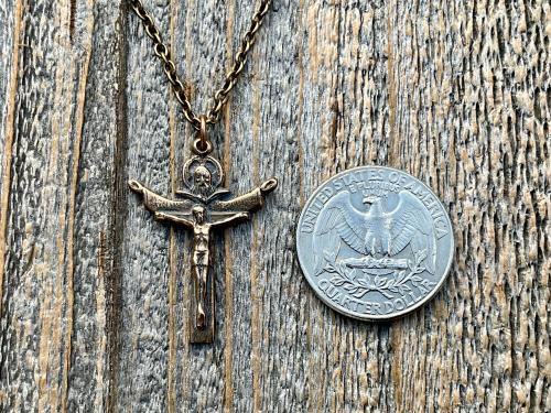 Bronze Trinity Crucifix Pendant and Necklace, Antique Replica, Father Son and Holy Spirit Medal, 3-in-1 Crucifix, Latin: A HERI HODIE SEMPER