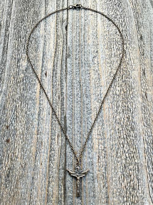 Bronze Trinity Crucifix Pendant and Necklace, Antique Replica, Father Son and Holy Spirit Medal, 3-in-1 Crucifix, Latin: A HERI HODIE SEMPER