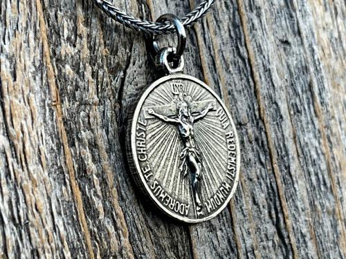 Sterling Silver Crucifix on Circle Disc & Lourdes Grotto Two-Sided French Antique Replica Round Medallion Pendant on Necklace, By OBC