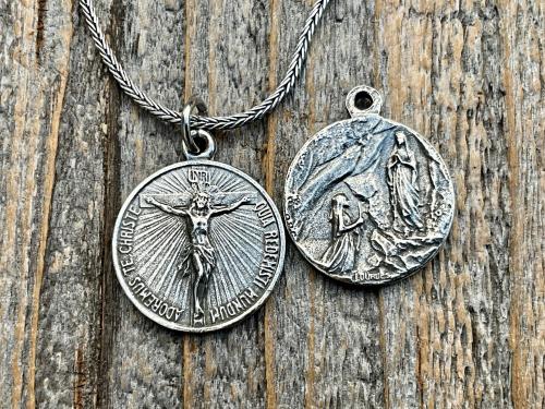 Sterling Silver Crucifix on Circle Disc & Lourdes Grotto Two-Sided French Antique Replica Round Medallion Pendant on Necklace, By OBC