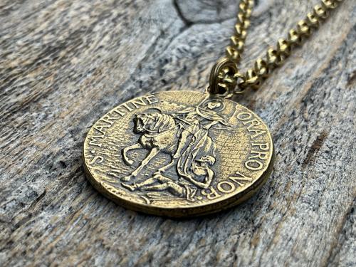 Antique Gold Latin St Martin of Tours Medallion Necklace, French Antique Replica, Sanctus Martinus Turonensis Bishop of Tours, by Penin Lyon