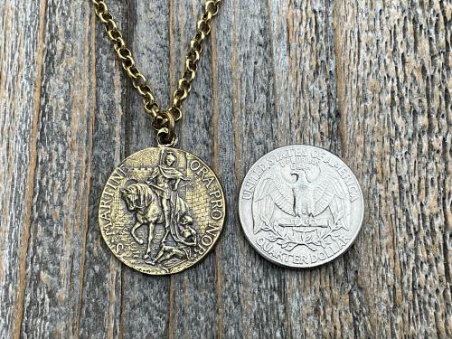 Antique Gold Latin St Martin of Tours Medallion Necklace, French Antique Replica, Sanctus Martinus Turonensis Bishop of Tours, by Penin Lyon