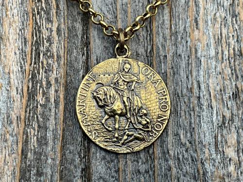 Antique Gold Latin St Martin of Tours Medallion Necklace, French Antique Replica, Sanctus Martinus Turonensis Bishop of Tours, by Penin Lyon