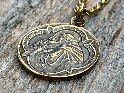 Antique Gold St Anthony of Padua Medallion & Necklace, Antique Replica of French Latin Medal, Two-Sided Pendant with St Francis of Assisi