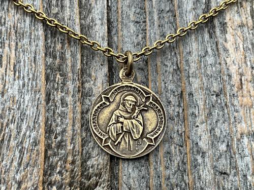 Antique Gold St Anthony of Padua Medallion & Necklace, Antique Replica of French Latin Medal, Two-Sided Pendant with St Francis of Assisi