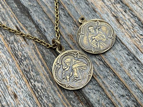 Antique Gold St Anthony of Padua Medallion & Necklace, Antique Replica of French Latin Medal, Two-Sided Pendant with St Francis of Assisi