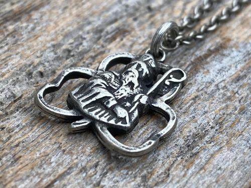 Antiqued Pewter Saint Patrick Shamrock Medal Pendant & Necklace, Antique Replica of Rare Medallion, Irish Catholic Unisex Silver Jewelry