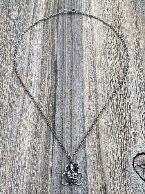 Antiqued Pewter Saint Patrick Shamrock Medal Pendant & Necklace, Antique Replica of Rare Medallion, Irish Catholic Unisex Silver Jewelry