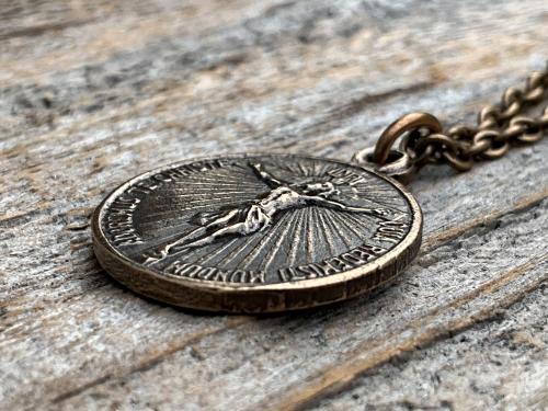 Bronze Crucifix on Circle Disc & Lourdes Grotto Two-Sided French Antique Replica Round Medallion Pendant on Necklace, Medal Signed by OBC