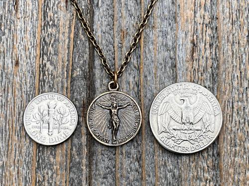 Bronze Crucifix on Circle Disc & Lourdes Grotto Two-Sided French Antique Replica Round Medallion Pendant on Necklace, Medal Signed by OBC