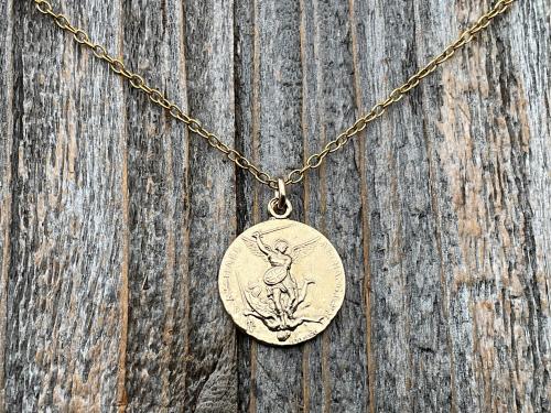 Gold St Michael Medallion Necklace, Antique Replica French Saint Michael the Archangel Pendant, Souvenir of Mont St Michel France by Penin