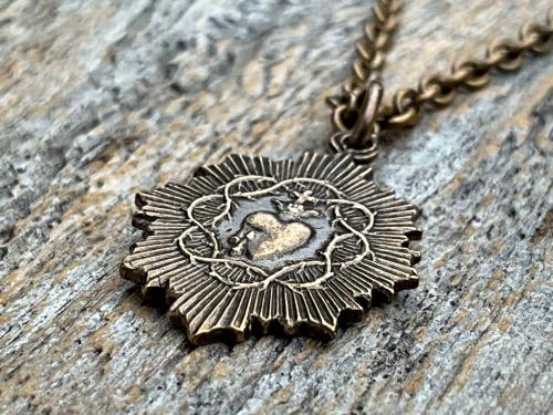 Petite French Bronze Sacred Heart of Jesus Medallion Pendant & Necklace, Antique Replica Medal, Basilica of the Sacred Heart Paray-le-Monial