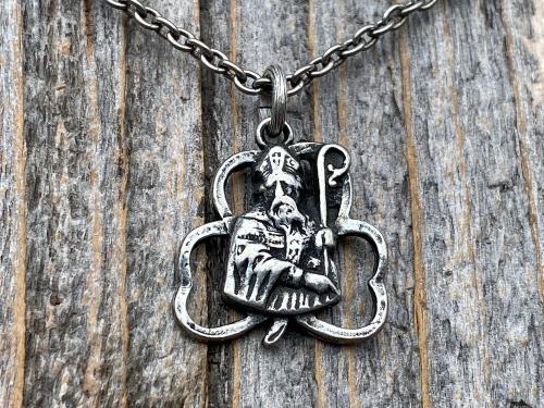 Antiqued Pewter Saint Patrick Shamrock Medal Pendant & Necklace, Antique Replica of Rare Medallion, Irish Catholic Unisex Silver Jewelry