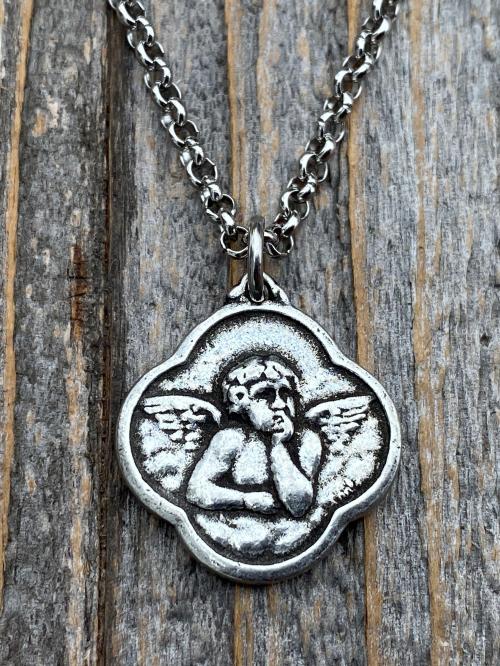 Antiqued Pewter Angel Pendant on Necklace, Reproduction French Antique Medallion, Quatrefoil Shaped Antique Replica Cherub Putti from France