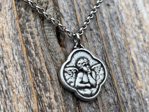 Antiqued Pewter Angel Pendant on Necklace, Reproduction French Antique Medallion, Quatrefoil Shaped Antique Replica Cherub Putti from France