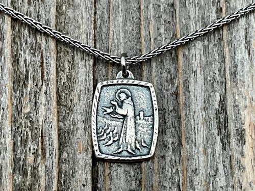 St Francis of Assisi Sterling Silver Blessing Prayer Medal Pendant Necklace, Saint Catholic Italian, Antique Replica, May the Lord Bless You