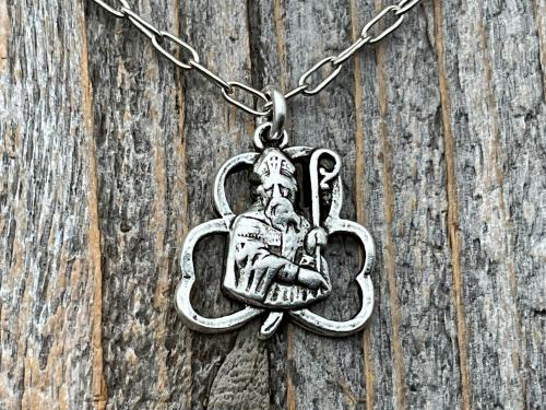 Silver Saint Patrick Shamrock Medal Pendant & Paperclip Chain, Antique Replica of Rare Medallion, Irish Unisex Necklace, St Patrick Jewelry