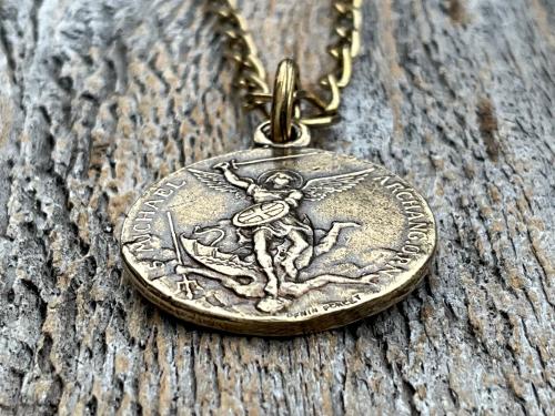 Antiqued Gold St Michael Medallion Necklace, Antique Replica French Saint Michael the Archangel Medal, Souvenir Mont St Michel France, Penin