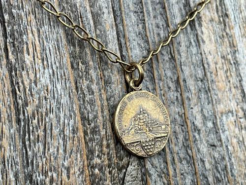 Antiqued Gold St Michael Medallion Necklace, Antique Replica French Saint Michael the Archangel Medal, Souvenir Mont St Michel France, Penin