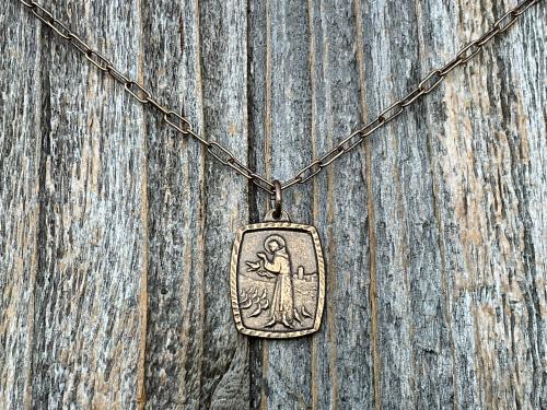 Bronze St. Francis of Assisi Medal and Necklace, Blessing Prayer on Backside, Antique Replica Medal, St Francis Pendant, Paperclip Chain