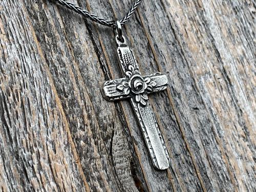 Sterling Silver Cross Pendant & Necklace, Antique Replica of Rare European Rose Cross, Reproduction of Art Deco Circa 1930 Rose Cross Charm