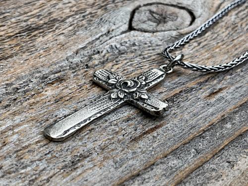 Sterling Silver Cross Pendant & Necklace, Antique Replica of Rare European Rose Cross, Reproduction of Art Deco Circa 1930 Rose Cross Charm