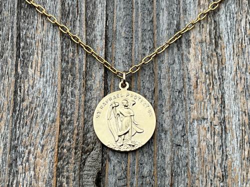 Gold Archangel Raphael & St Christopher Gold Medallion Necklace, Antique Replica Protection 2-sided Medal, Saint Healing, Saint Safe Travels