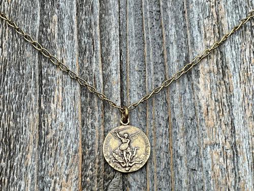 Antiqued Gold St Michael Medallion Necklace, Antique Replica French Saint Michael the Archangel Medal, Souvenir Mont St Michel France, Penin