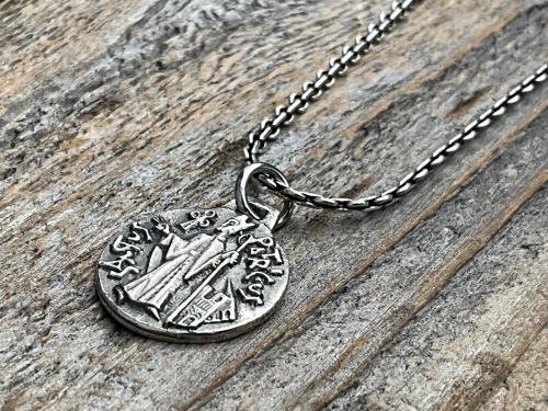 Small Sterling Silver St Patrick Medallion Necklace, Antique Replica of Rare Modernist Medal signed by Ferdinand Py, Patron Saint of Ireland