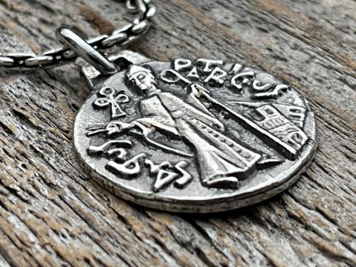 Small Sterling Silver St Patrick Medallion Necklace, Antique Replica of Rare Modernist Medal signed by Ferdinand Py, Patron Saint of Ireland