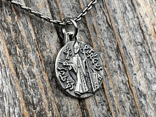 Small Sterling Silver St Patrick Medallion Necklace, Antique Replica of Rare Modernist Medal signed by Ferdinand Py, Patron Saint of Ireland