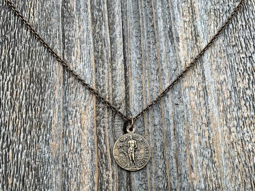 Saint Sebastian Bronze Medal and Necklace, Antique Replica, Patron Saint of Athletes & Soldiers Pendant, Rare French St Sebastien Medallion