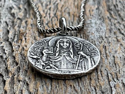 Fertility Saint Colette of Corbie Small Sterling Silver Antique Replica Medal and Necklace, By French Artists Penin & Karo 2-sided Medallion