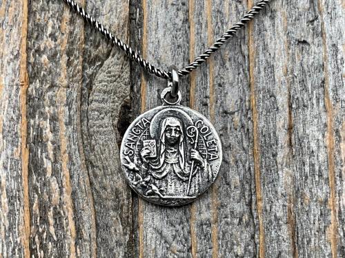 Fertility Saint Colette of Corbie Small Sterling Silver Antique Replica Medal and Necklace, By French Artists Penin & Karo 2-sided Medallion