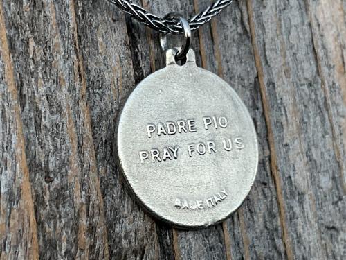 Sterling Silver Saint Padre Pio Antique Replica Medal Pendant Necklace, Saint Pius of Pietrelcina Medallion, Pray Hope and Don't Worry