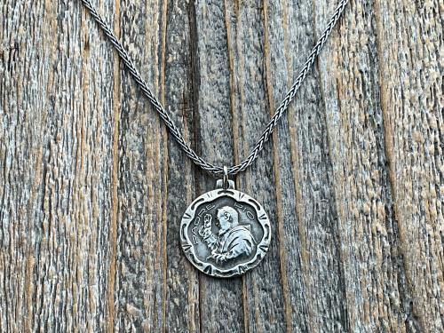 Sterling Silver Saint Padre Pio Antique Replica Medal Pendant Necklace, Saint Pius of Pietrelcina Medallion, Pray Hope and Don't Worry