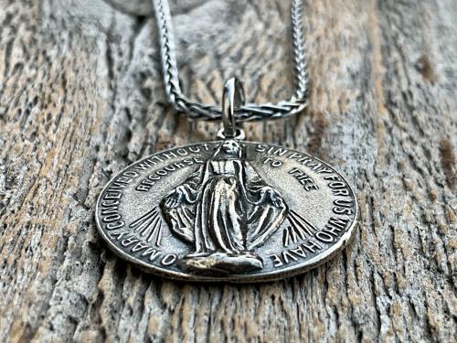 Sterling Silver Round Miraculous Medal Pendant Necklace, Antique Replica Circle Medallion, O Mary Conceived Without Sin Pray for Us, MM2