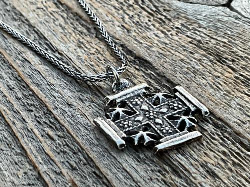 Sterling Silver Jerusalem Cross Pendant Necklace, Antique Replica Medal, Five-Fold Cross, Five Wounds of Christ Cross, Cross-and-Crosslets