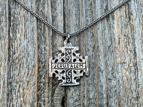 Sterling Silver Jerusalem Cross Pendant Necklace, Antique Replica Medal, Five-Fold Cross, Five Wounds of Christ Cross, Cross-and-Crosslets