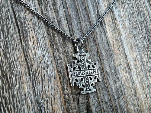 Sterling Silver Jerusalem Cross Pendant Necklace, Antique Replica Medal, Five-Fold Cross, Five Wounds of Christ Cross, Cross-and-Crosslets